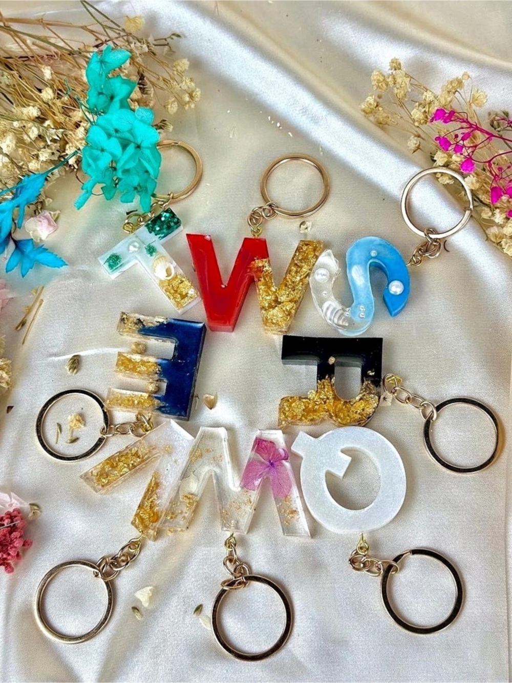 Resin handmade Initial Letter Keychain Set Gold & Multicolor